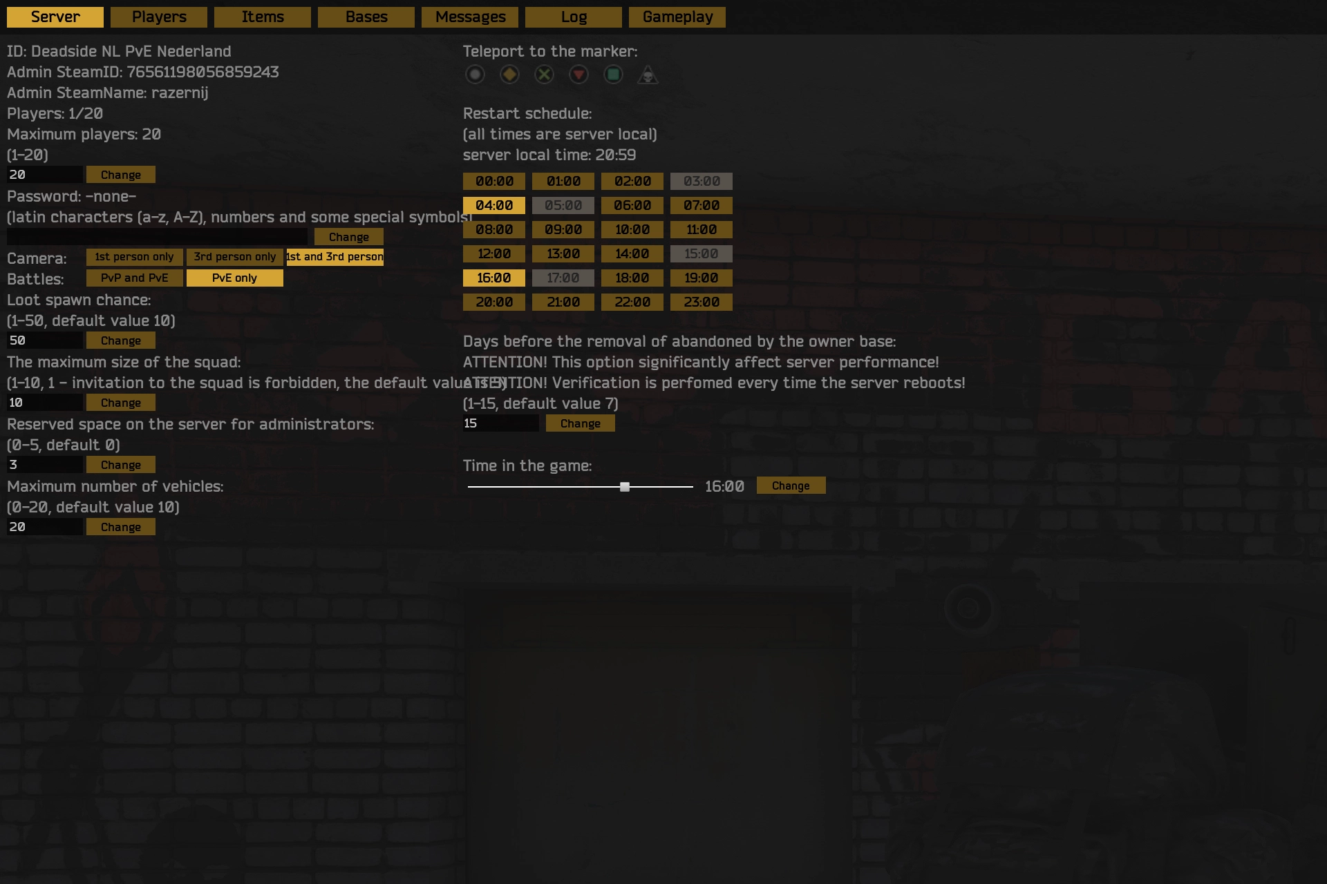 deadside server settings in game